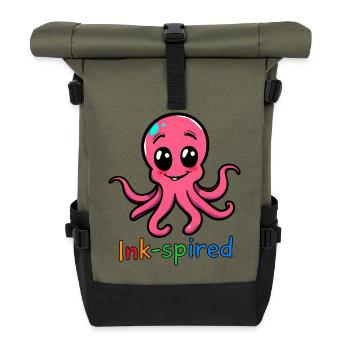 Rosa Oktopus Cartoon stehend mit ausgestreckten Armen - Rolltop Rucksack - Olive/Schwarz - Vorne