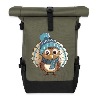 Cute turkey with scarf and bobble hat. - Roll Top Backpack - olive/black - Front