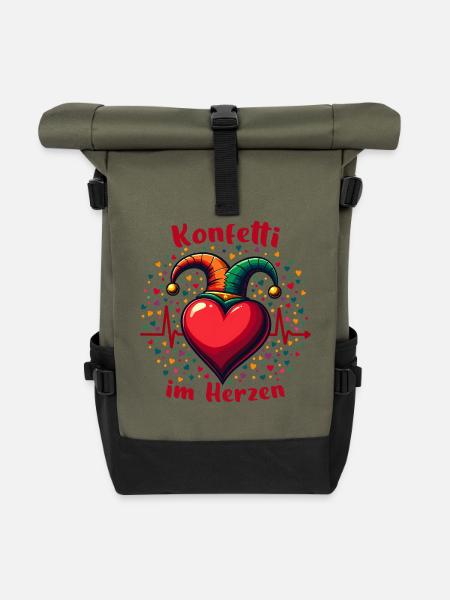 Herzschlag Konfetti Im Herzen EKG Karneval - Rolltop Rucksack - Olive/Schwarz