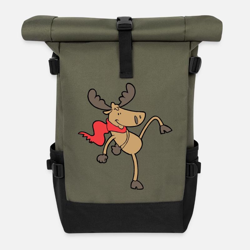 Rentier Tänzer mit rotem Schal - Rolltop Rucksack - Olive/Schwarz