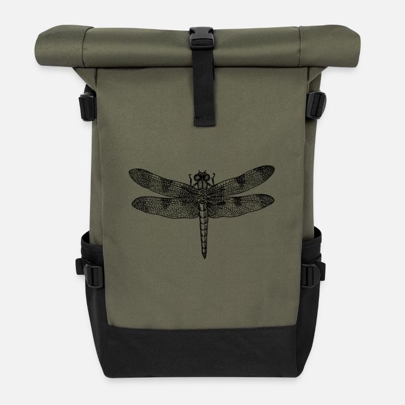 Libelle dragonfly dessin Insekt Outline retro - Sac à dos roll top - olive/noir