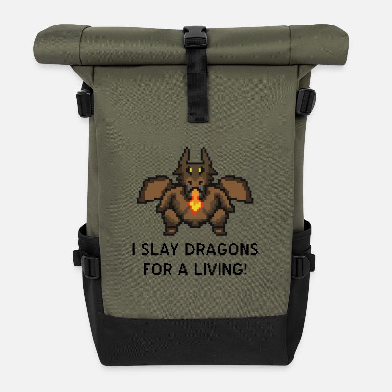 Dragons kill Pixel Gaming - Roll Top Backpack - olive/black