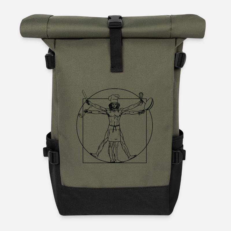 Vitruvian cook - Da Vinci cooking gift - Roll Top Backpack - olive/black