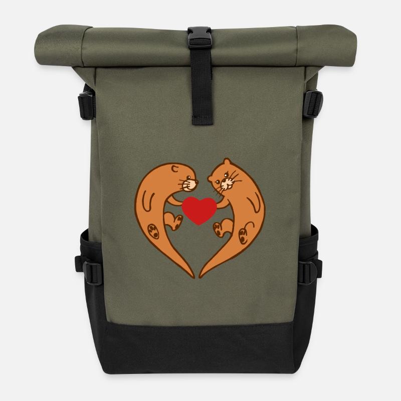 Loutres avec coeur - Sac à dos roll top - olive/noir