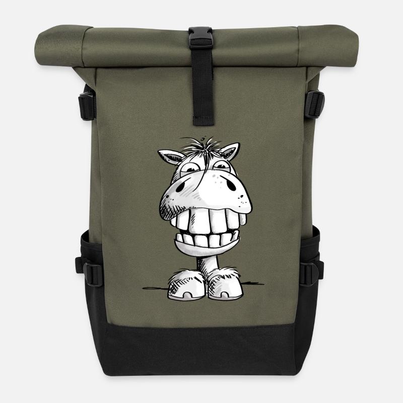 Pferd zeigt endlich Zähne - Lachen - Grins - Pony - Rolltop Rucksack - Olive/Schwarz