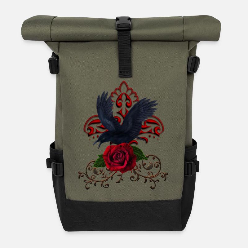 Wundervoller Rabe mit Rose - Rolltop Rucksack - Olive/Schwarz