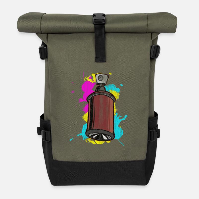 Graffiti Spraydose mit Spritzfarben - Rolltop Rucksack - Olive/Schwarz