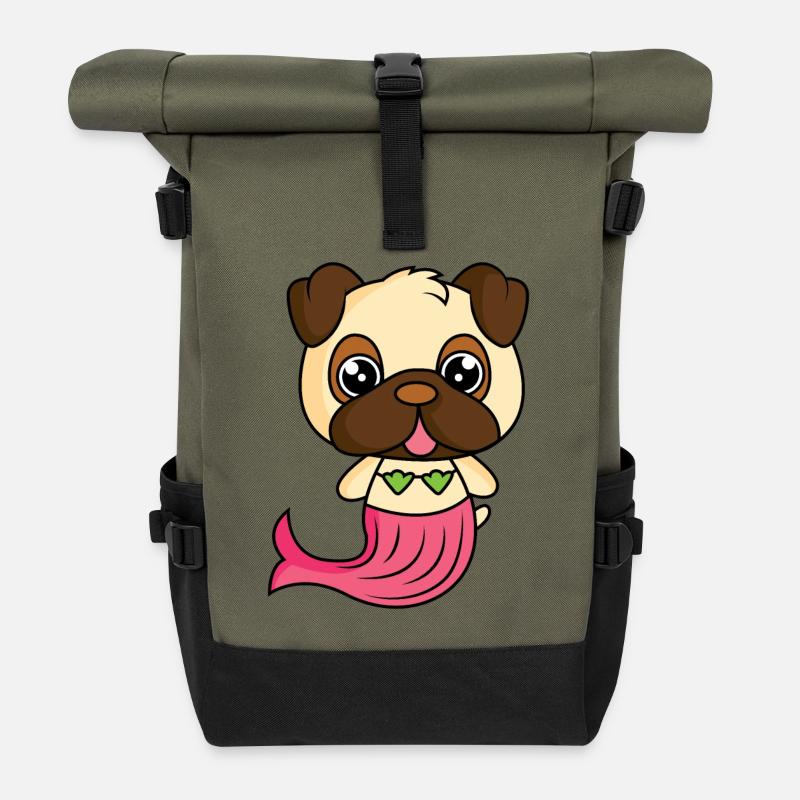 Mops als Meerjungfrau - Rolltop Rucksack - Olive/Schwarz