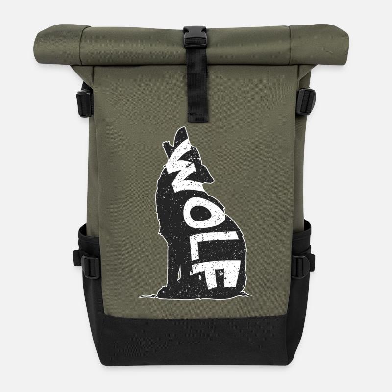 Schwarzer Wolf auf Sternenhintergrund - Rolltop Rucksack - Olive/Schwarz