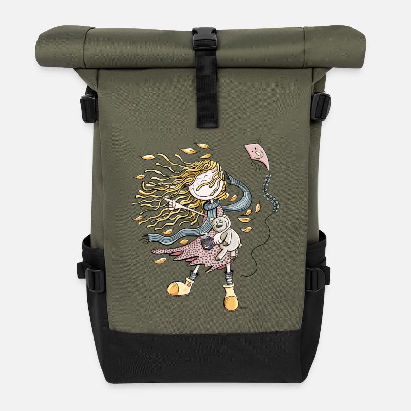 Glückliches Mädchen im Herbstwind I Herbst - Rolltop Rucksack - Olive/Schwarz