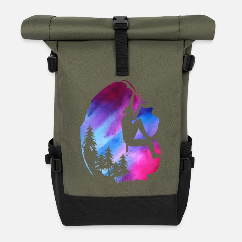 Weibliche Klettererin Zipline Aquarell-Abenteuer - Rolltop Rucksack - Olive/Schwarz