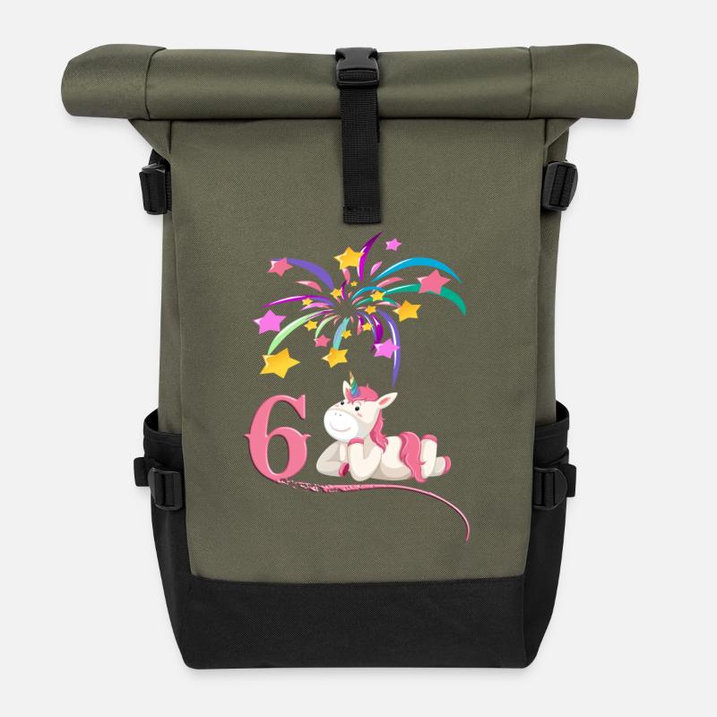 6e anniversaire - licorne avec feux d'artifice - Sac à dos roll top - olive/noir