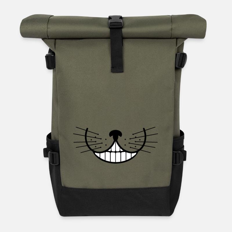 Cat grin cheshire kitty meow mask - Roll Top Backpack - olive/black
