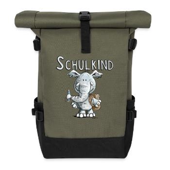 Schulkind Elefant I Einschulung Geschenk - Rolltop Rucksack - Olive/Schwarz - Vorne