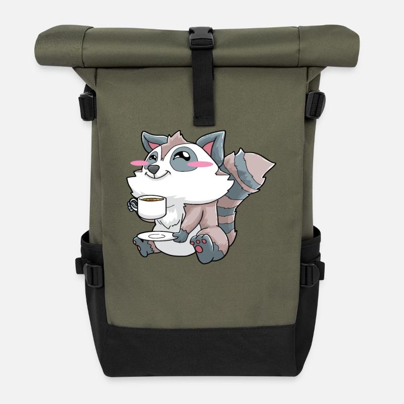 Lustiger Waschbär trinkt Kaffee - Rolltop Rucksack - Olive/Schwarz