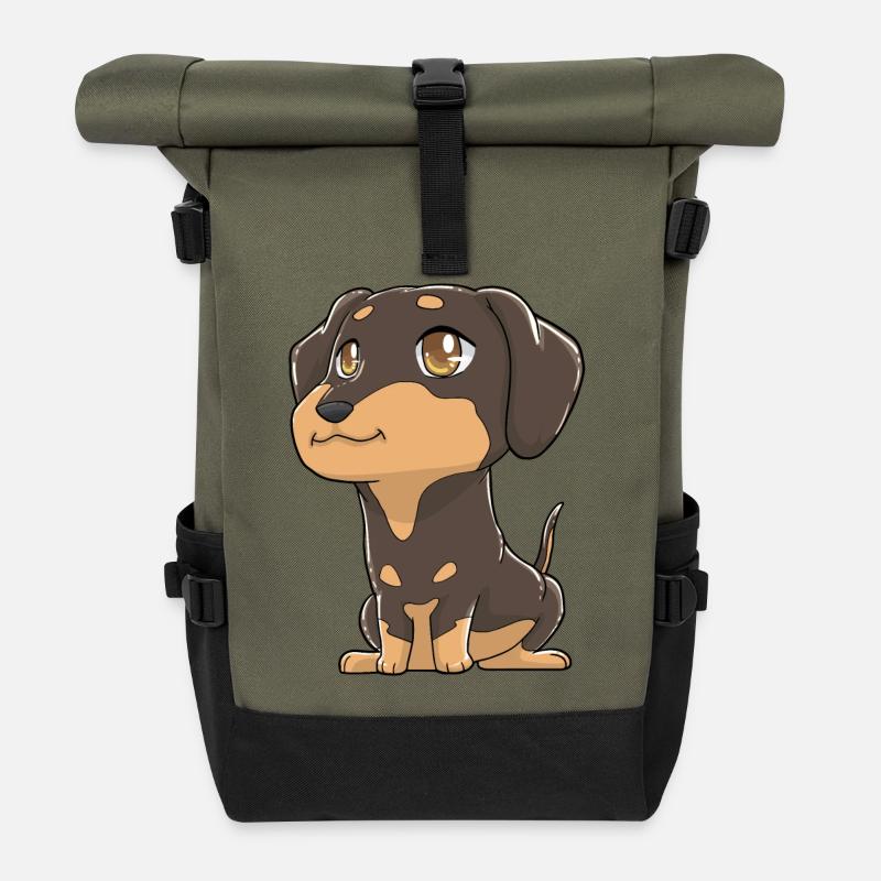 Niedlicher Dackel Kawaii - Rolltop Rucksack - Olive/Schwarz