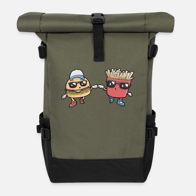 Burger und Pommes Kawaii - Rolltop Rucksack - Olive/Schwarz