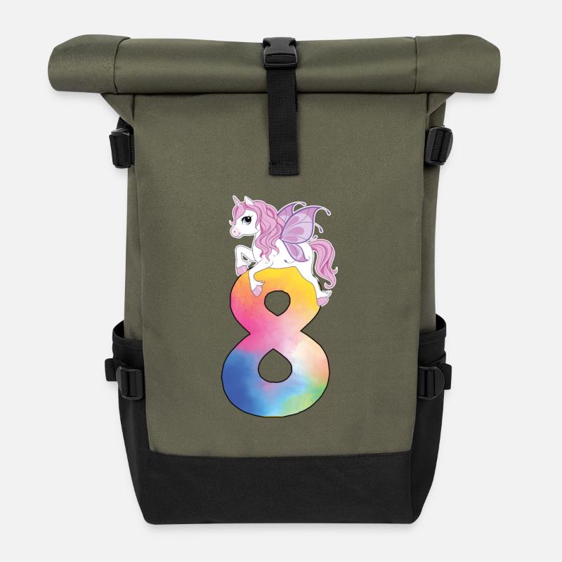 Einhorn mit Regenbogenzahl 8. Geburtstag - Rolltop Rucksack - Olive/Schwarz