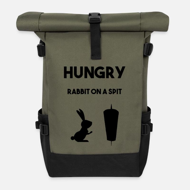 Hungry Hasse in front of meat skewer - Roll Top Backpack - olive/black