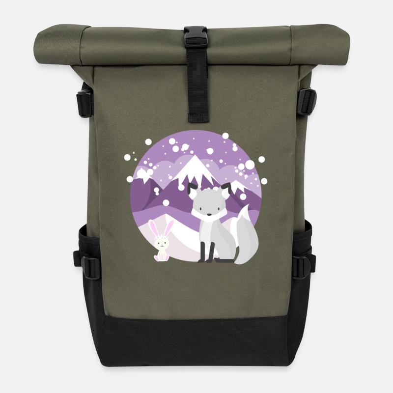 A Fox And A Little Rabbit With Mountains In The - Roll Top Backpack - olive/black