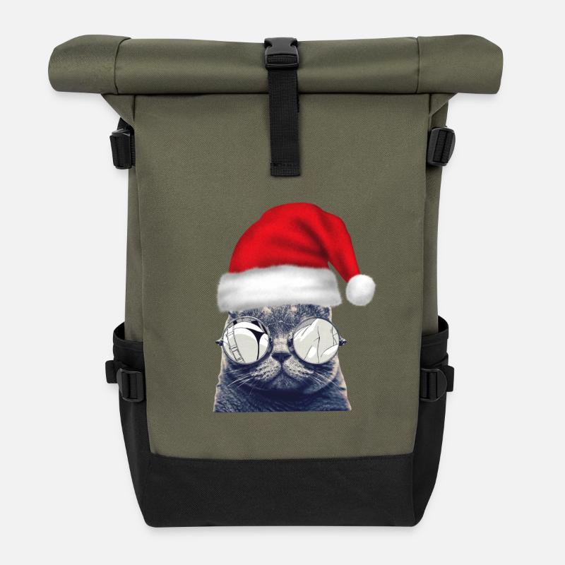 Christmas Cat Glasses - Roll Top Backpack - olive/black