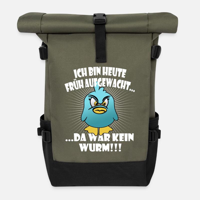 Lustiger "Der frühe Vogel" Spruch - Rolltop Rucksack - Olive/Schwarz