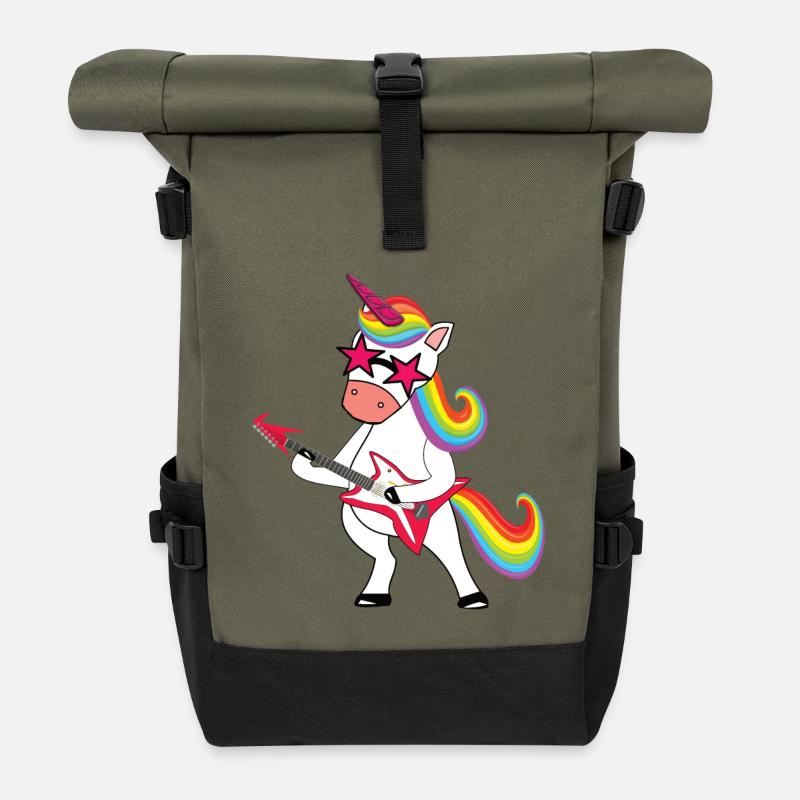 Rainbow Rock Unicorn with Guitar - Roll Top Backpack - olive/black