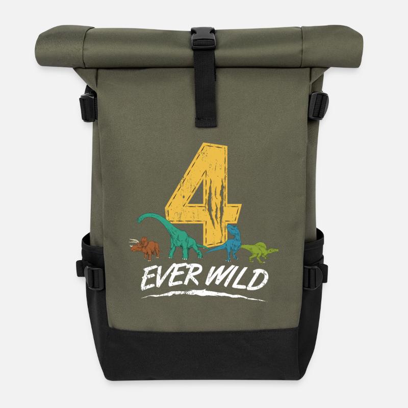 4 Ever Wild 4 Jahre Geburtstag Dino Geschenk - Rolltop Rucksack - Olive/Schwarz