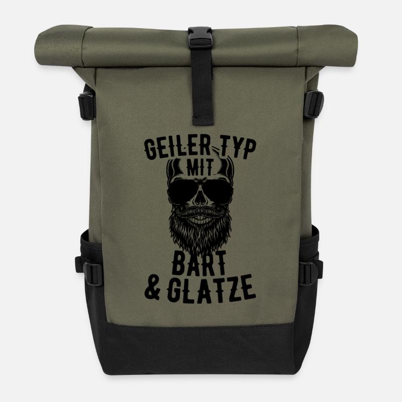 Geiler Typ Mit Bart & Glatze Glatzkopf Bartträger - Rolltop Rucksack - Olive/Schwarz