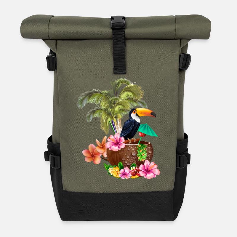 Conception tropicale avec toucans et palmiers. - Sac à dos roll top - olive/noir