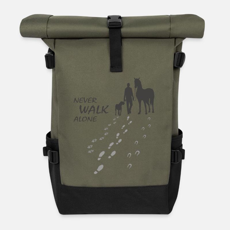 Never walk alone - Hund Pferd Reiter gemeinsam - Rolltop Rucksack - Olive/Schwarz