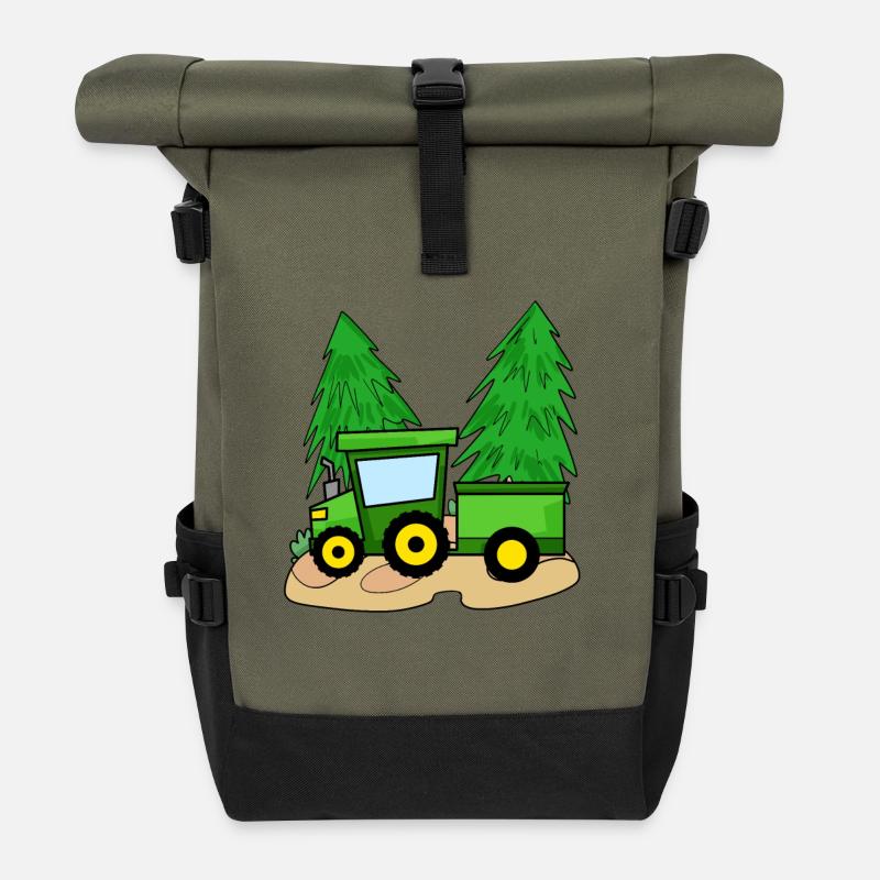 Traktor mit Anhänger - Rolltop Rucksack - Olive/Schwarz
