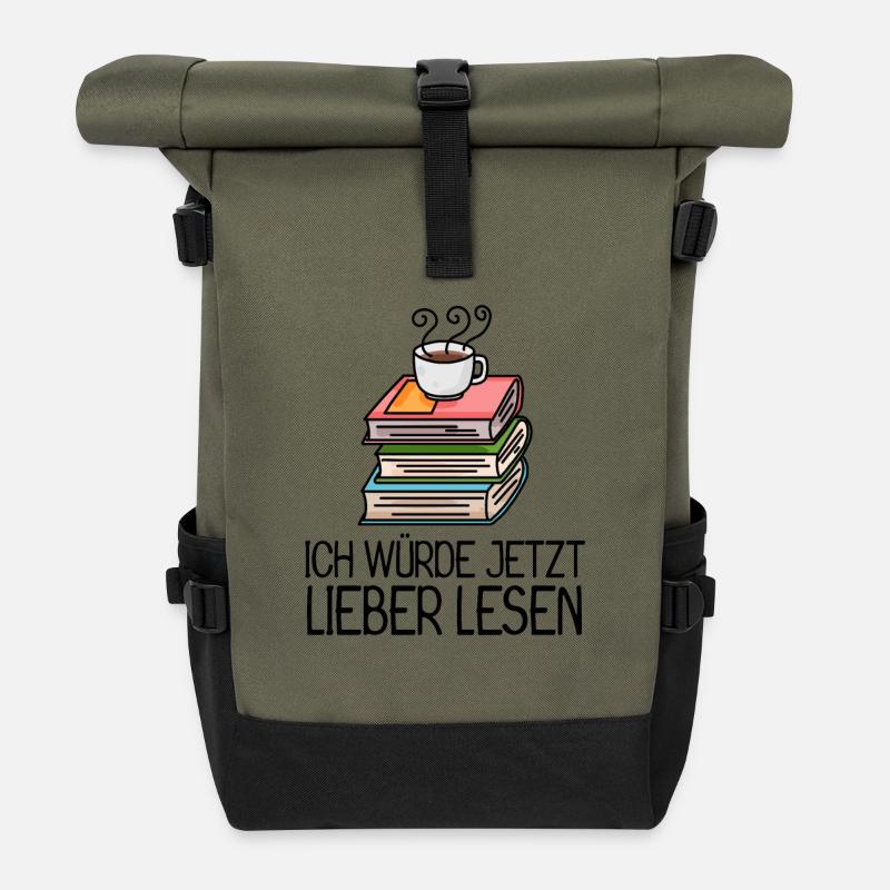 Kaffee Buch lesen - Rolltop Rucksack - Olive/Schwarz