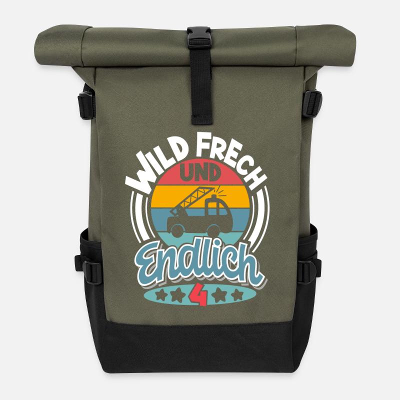 Feuerwehr 4. Geburtstag Kinder - Rolltop Rucksack - Olive/Schwarz