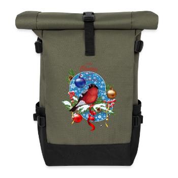 Gimpel auf Tannenzweigen und Tamburinen mit Schnee - Rolltop Rucksack - Olive/Schwarz - Vorne