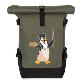 Penguin Painter Brush Painting - Roll Top Backpack - olive/black - Front