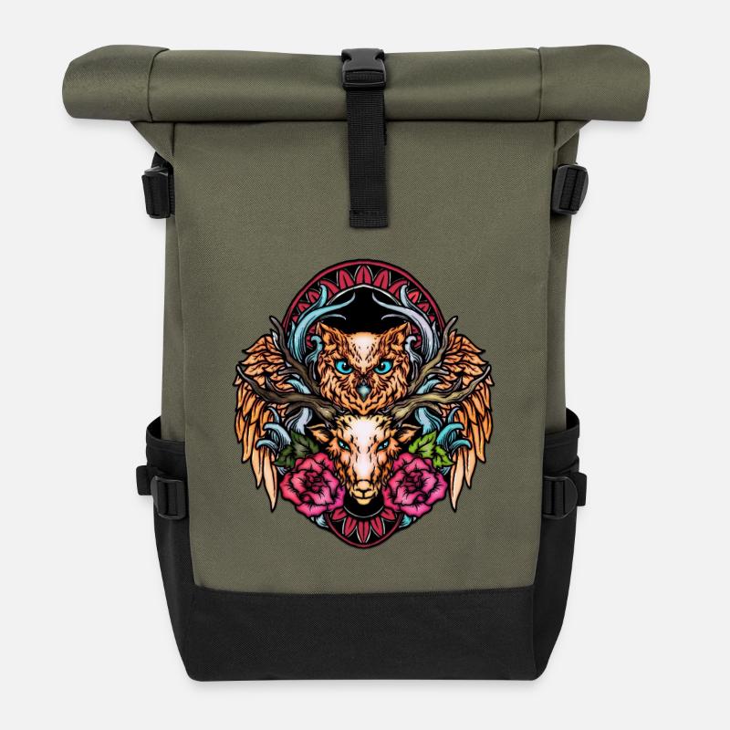 Stunning colorful owl - Roll Top Backpack - olive/black