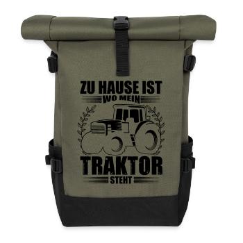 Landwirt Sprüche zu Hause ist wo mein Traktor - Rolltop Rucksack - Olive/Schwarz - Vorne