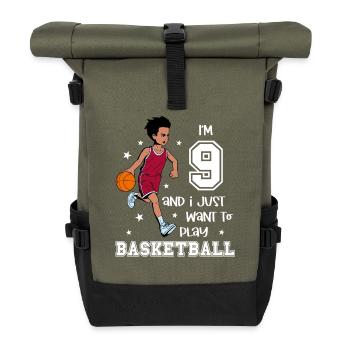 Boy plays basketball - I'm 9 - Roll Top Backpack - olive/black - Front