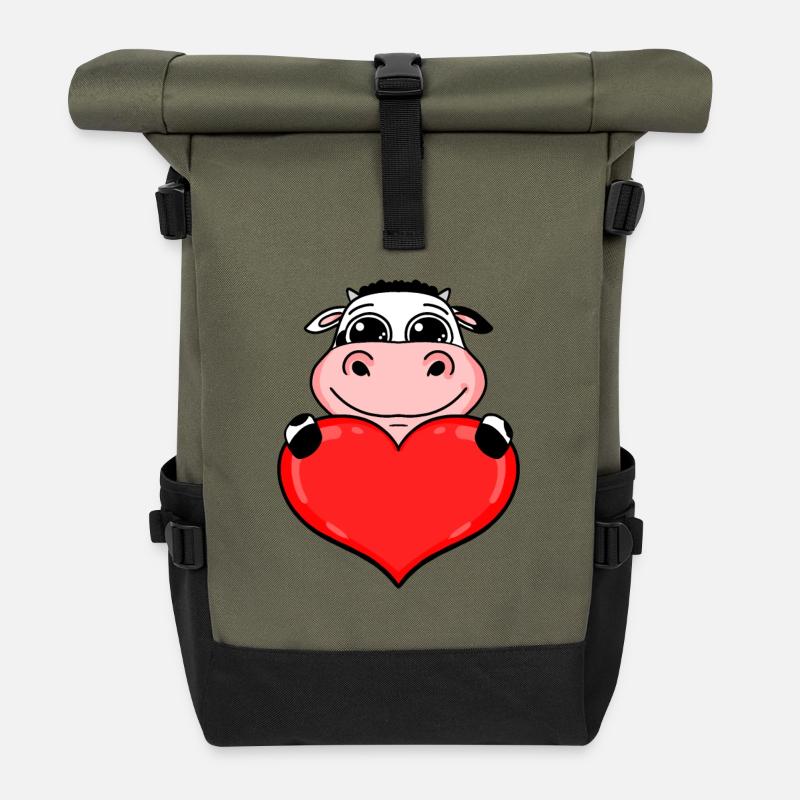 Kuh mit Herz - Liebe Romantisch - Rolltop Rucksack - Olive/Schwarz