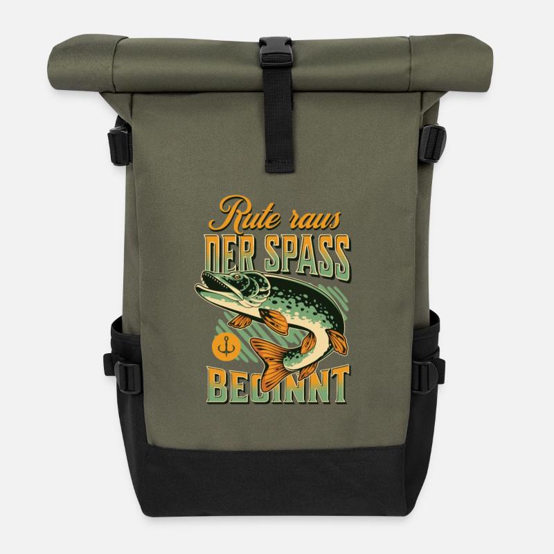 Rute raus Der Spaß beginnt Fischmotiv - Rolltop Rucksack - Olive/Schwarz