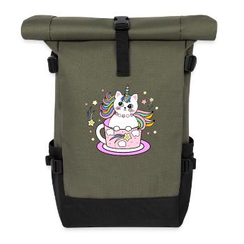 Einhorn Unicorn Cat Katze - Rolltop Rucksack - Olive/Schwarz - Vorne
