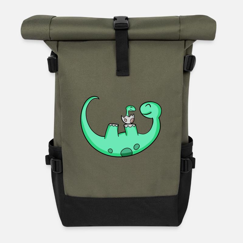Dinosaurier mit Baby Dinosaurier - Rolltop Rucksack - Olive/Schwarz