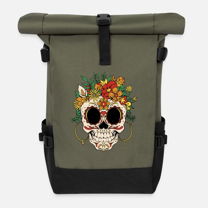 Blumenkranz Schädel Día de Muertos - Rolltop Rucksack - Olive/Schwarz