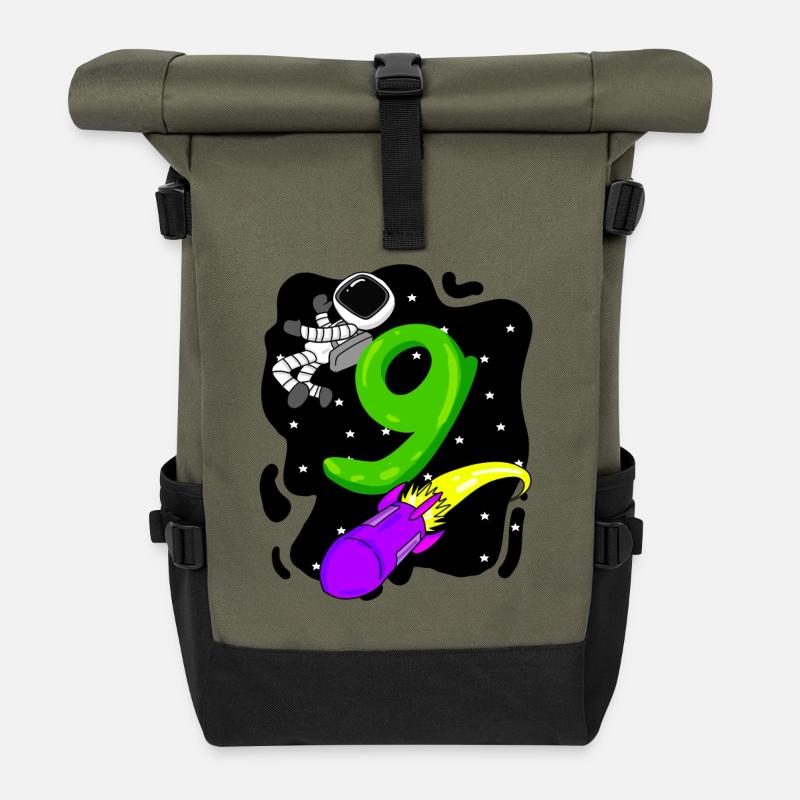 9. Geburtstag - 9 Jahre Astronaut Jungen Geschenk - Rolltop Rucksack - Olive/Schwarz