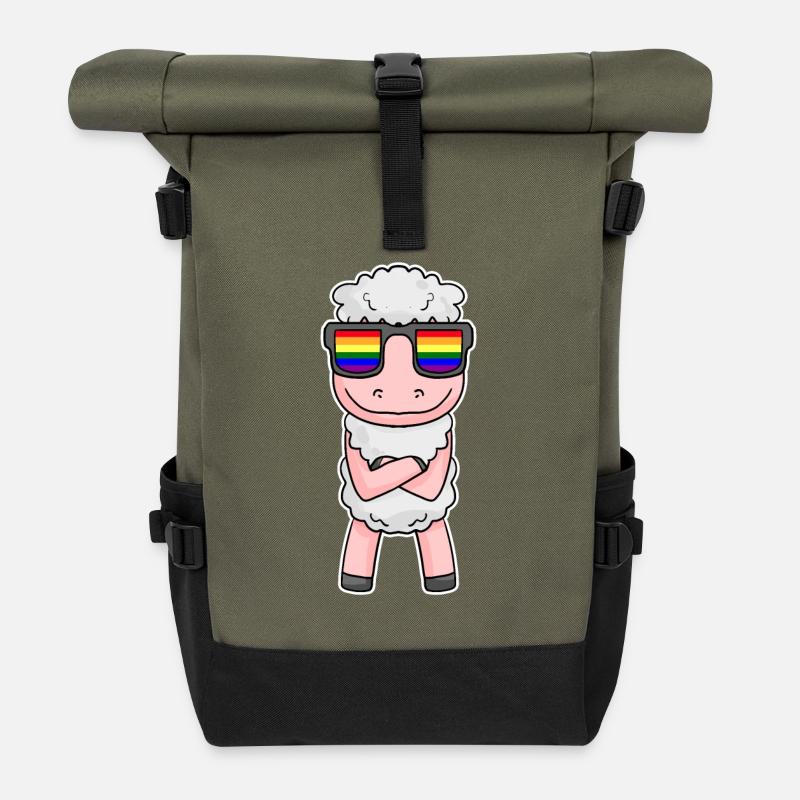 Gay Regenbogen - Schaf mit Brille - Rolltop Rucksack - Olive/Schwarz
