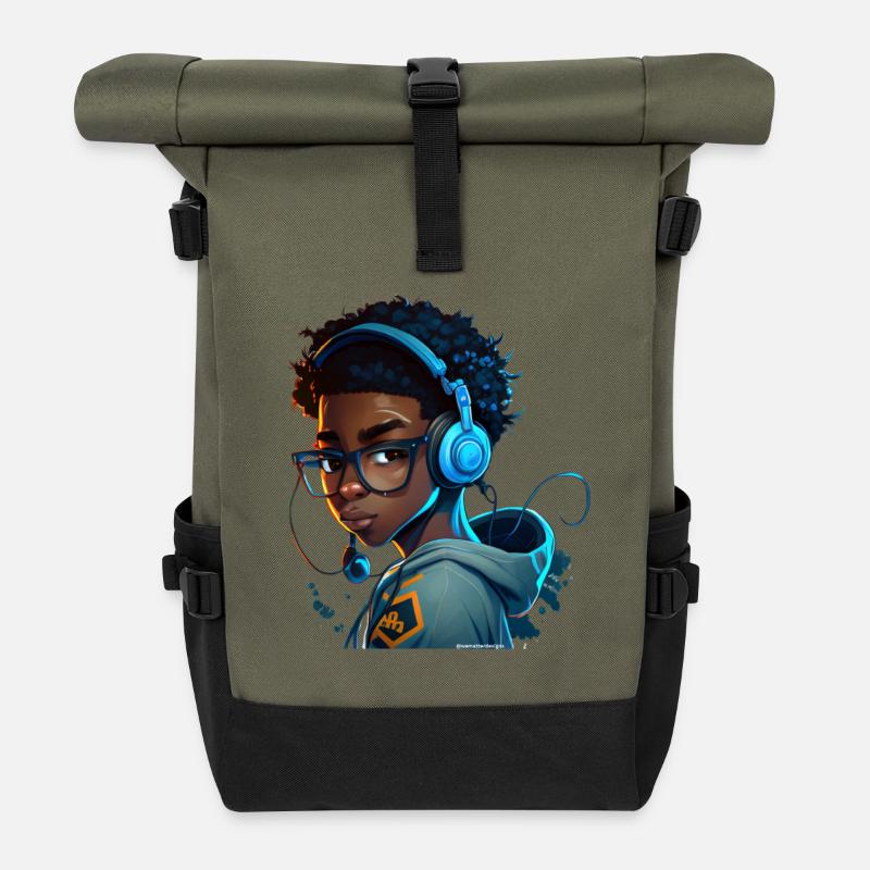 Digitaler Gaming-Charakter mit Headset - Rolltop Rucksack - Olive/Schwarz