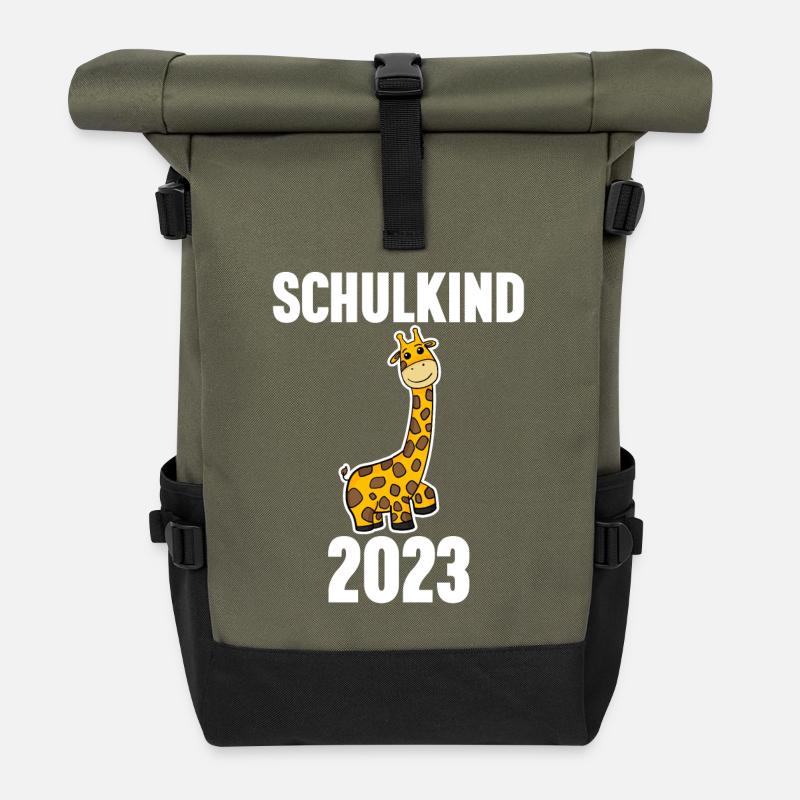 Schuldkind Einschulung Giraffe 2023 - Rolltop Rucksack - Olive/Schwarz