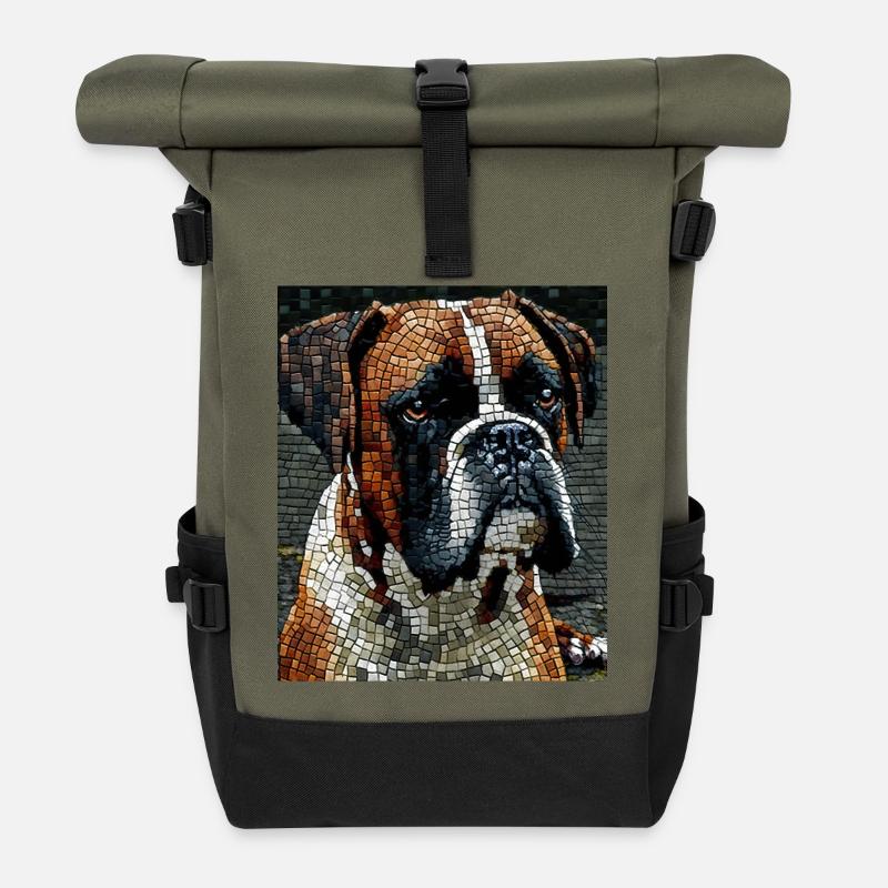 Boxerhund Mosiac - Rolltop Rucksack - Olive/Schwarz
