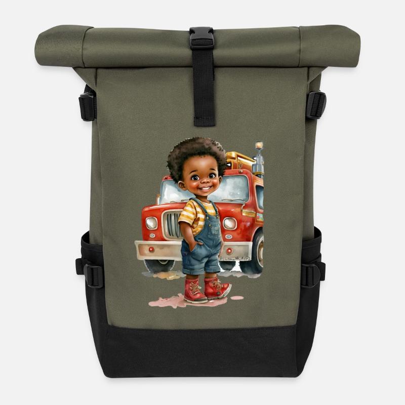 Cute child with fire truck - Roll Top Backpack - olive/black